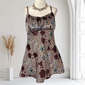 Vintage Made in USA Fairy Grunge Brown Blue Floral Paisley Babydoll Top L